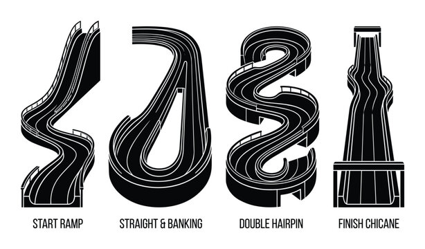 Amusement park water slide sections set with start ramp straight banking double hairpin and finish chicane parts