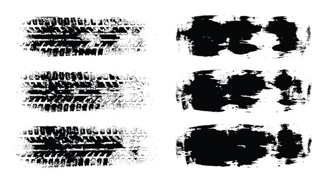 Grunge tire track marks and dirty mud splatter textures set