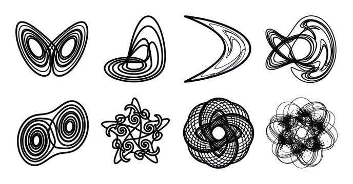 Set of eight abstract swirling chaotic attractors and strange fractal shapes, dynamic energy forms