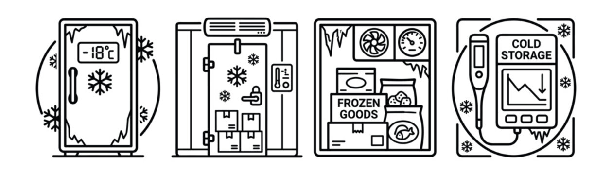 Cold storage and frozen food logistics line icons set for industrial warehouse refrigeration