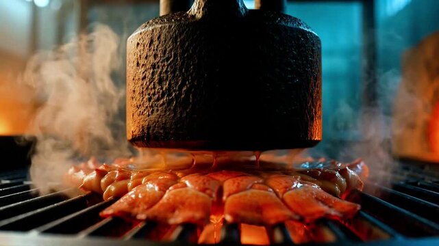 Delicious fresh lobster meat sizzling and steaming under a heavy cast iron grill press on a professional barbecue griddle, showcasing expert culinary preparation of premium seafood in a high-end resta