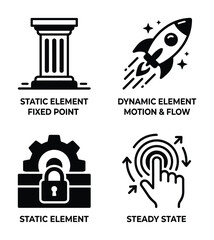 Obraz premium Static and dynamic elements with pillar, rocket, gear lock, and hand with circles icons