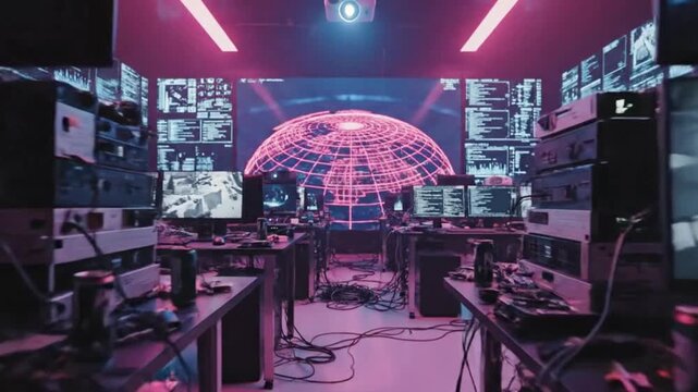 A futuristic control room with multiple computer screens and a large pink dome in the background with various graphs and data being displayed