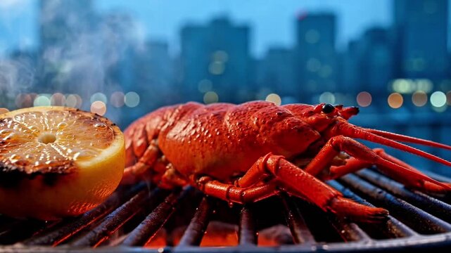Vibrant red whole lobster and a caramelized lemon half sizzle and smoke, actively cooking over glowing hot coals on a rustic outdoor barbecue grill grate, with a softly blurred cityscape featuring twi