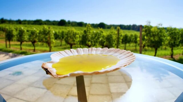 Viscous golden olive oil streams downward in slow motion footage pouring steadily into a natural scallop shell resting upon a reflective glass table outdoors near a sunlit vineyard scene video clip