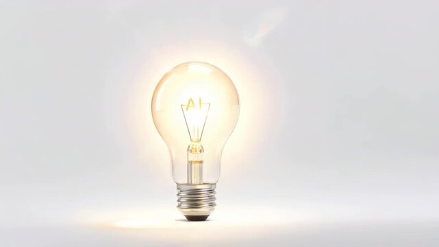 女性の手が白基調のAI電球に触れ、UI向けの淡い記号が整列する