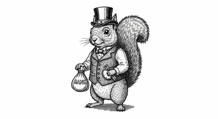 Whimsical Squirrel Dressed as a Gentleman Holding a Money Bag. © berkah nikah