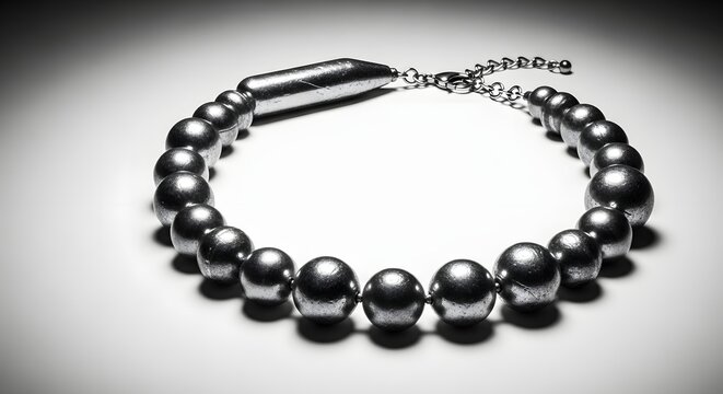 A polished silver tether of heavy metallic spheres forms a closed circle, an industrial allegory for the weight and permanence of an unbreakable bond forged in light and shadow