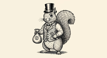 Whimsical Squirrel Dressed as a Gentleman Holding a Money Bag. © berkah nikah