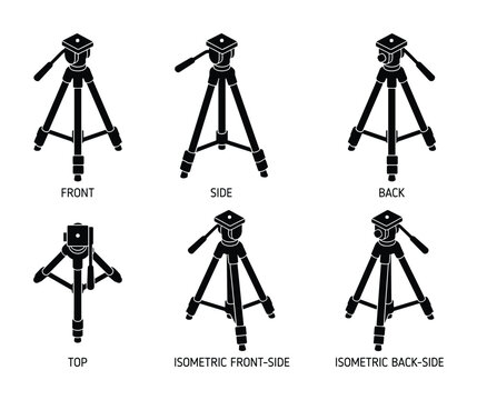 Set of camera tripod views in black silhouette including front side back top isometric views