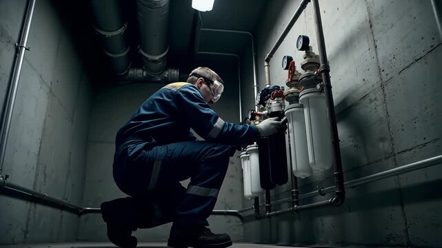 Skilled industrial plumber in protective gear carefully inspects and adjusts complex water filtration system components within a dimly lit mechanical basement setting.