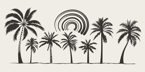 Obraz premium Stylized illustration of palm trees and a curved arch against a beige background