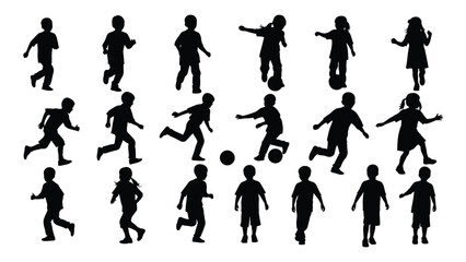 A group of people playing soccer in various poses