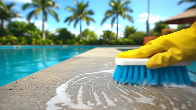 A yellow-gloved hand diligently cleans the textured poolside coping with a blue scrubbing brush, creating white soapy suds, ensuring the swimming pool area remains pristine and inviting for endless