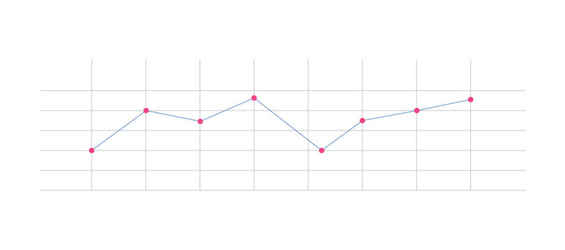 Data line graph with pink dots on a grey grid shows increasing and decreasing trends for data analysis