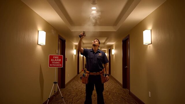 A professional fire safety technician diligently conducts a critical routine fire alarm system test in a modern commercial building hallway, carefully applying a controlled spray of simulated smoke