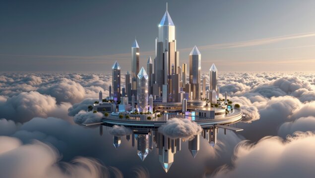 Majestic Crystal City Floating Above Clouds