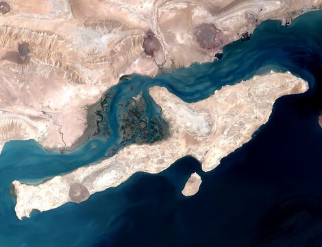 Satellite Topography of Qeshm Island Coastal Region with Sediment Swirls in the Persian Gulf Near the Strait of Hormuz and Arid Terrain