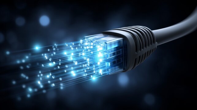 High-speed fiber optic ethernet cable transmitting glowing digital data particles, advanced network technology concept for internet infrastructure, cloud computing and cybersecurity
