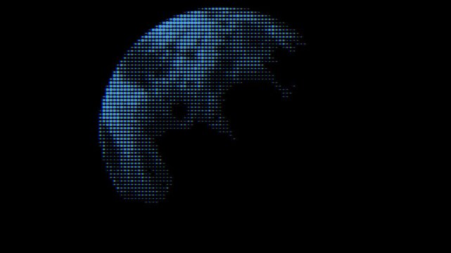 A blue pixelated planet dynamically scans and reforms against a dark, starry background. Ideal for technology, data, cybersecurity, or abstract futuristic themes.