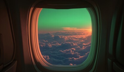 Fototapeta premium Green screen television inside an airplane cabin with a view of clouds and sunset through the window, modern electronic device with glossy screen