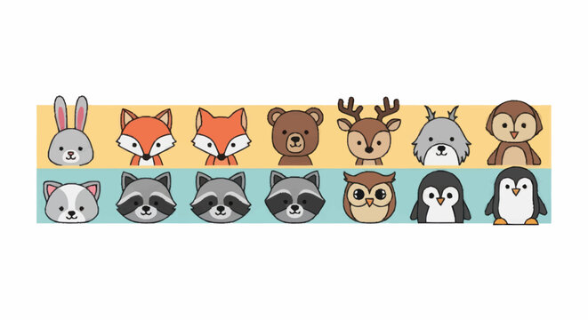Collection of Cute Cartoon Animal Faces in Rows.