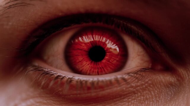 Macro close up of a human eye with the iris dramatically shifting from a natural brown hue to an intense, glowing red and then fiery orange, creating a mesmerizing visual effect and captivating animat