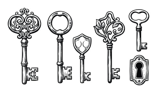 Set of intricate ornate skeleton keys and keyhole in black and white engraving style