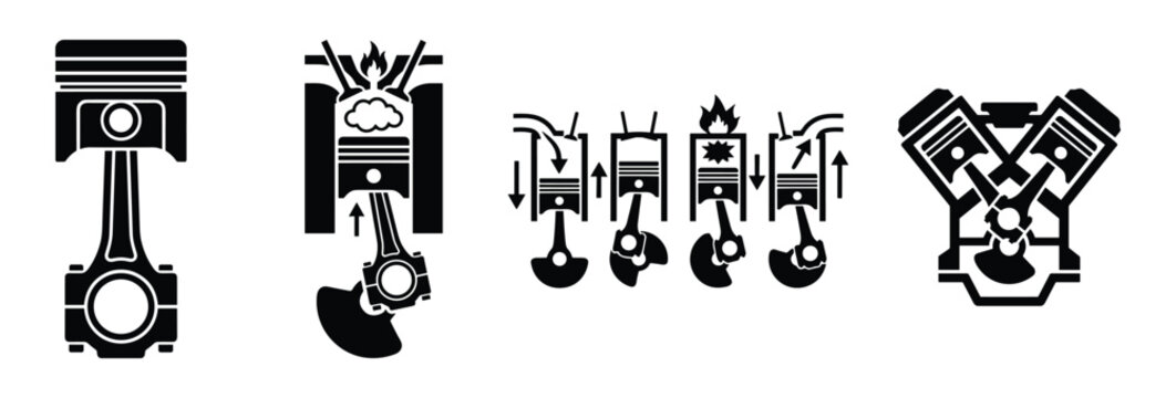 Internal combustion engine piston and four stroke cycle process in detailed line art style