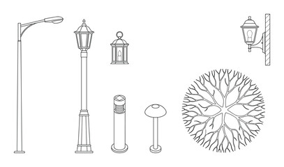 Fototapeta premium Modern outdoor lighting fixtures and tree top view symbols for architectural site planning and design
