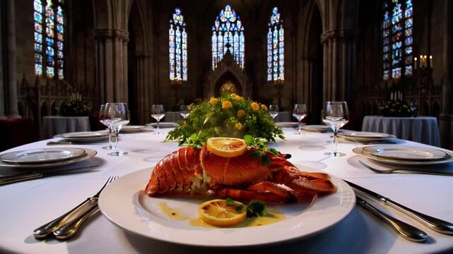 Luxurious gourmet whole cooked lobster dish, vibrant red and perfectly plated with lemon slices and fresh herbs, steaming gently on a formal dining table, creating an elegant visual feast within a gra