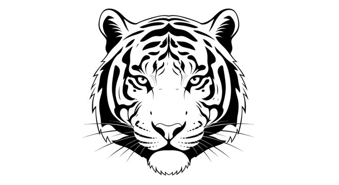 Bold black and white tiger head illustration isolated on a white background