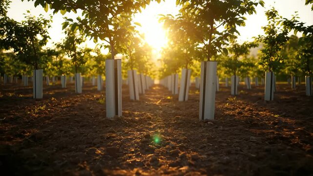 Beautiful golden hour light warmly illuminates a vast, meticulously organized young tree orchard at sunset, showcasing endless rows of carefully protected saplings thriving in fertile soil under a