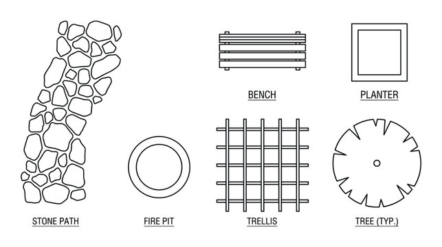 Top view landscape elements for architectural design and gardening, including path, bench, planter, fire pit, trellis, and tree