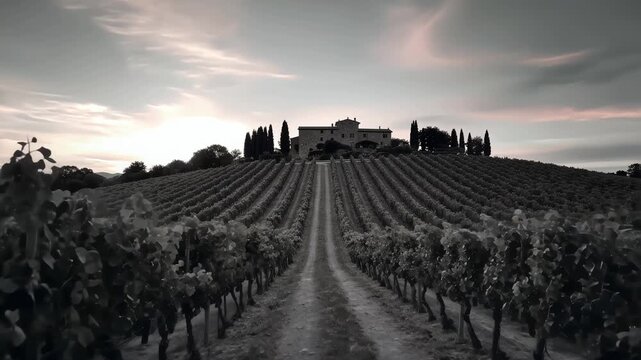 Expansive black and white view down a long dirt path leading through symmetrical rows of grapevines toward a stately villa crowning the distant hilltop under dramatic twilight sky.
