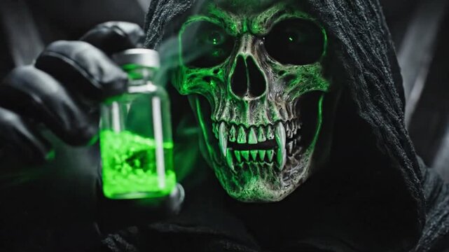 A hooded figure with a green skull holding a vial of green liquid in a dark and ominous setting
