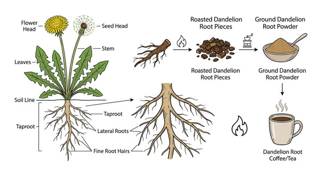 Dandelion plant diagram with flower head, seed head, leaves, taproot, and root preparation for coffee