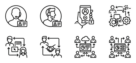 Fototapeta premium Set of outline icons for customer service business and teamwork collaboration