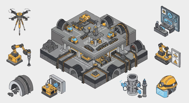 Isometric Futuristic Industrial Factory and Equipment Set.