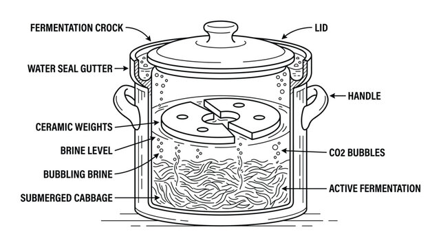 Fermentation crock diagram with water seal gutter ceramic weights and active cabbage bubbling brine