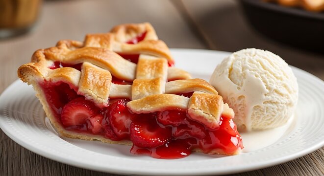 A delicious slice of cherry pie with a lattice crust served alongside a scoop of vanilla ice cream on a white plate.