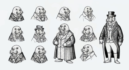 Vintage Walrus Characters in Formal Attire Collection. © Kuda