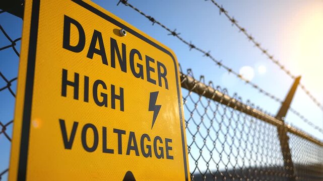 A striking yellow "danger high voltage" sign with bold black lettering and a lightning bolt symbol is prominently displayed on a robust chain-link fence topped with sharp barbed wire, serving as a
