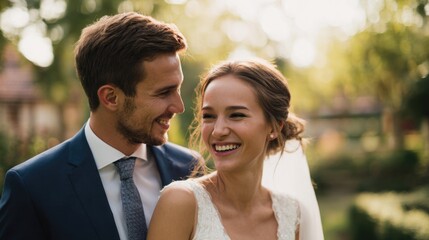 Obraz premium A happy couple smiles at each other in a garden setting. The man is a young Caucasian with short brown hair. The woman is a young Caucasian with long brown hair and a wedding dress.