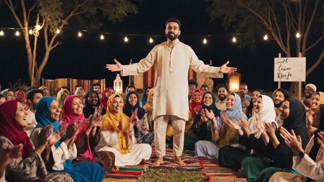 A man in a white tunic stands speaking to a crowd of people sitting on colorful rugs outdoors at night