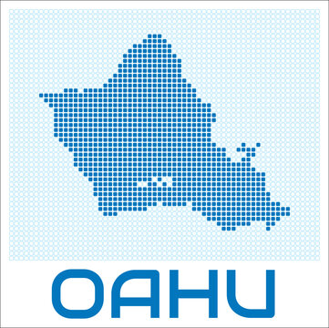 Oahu digital style map with blue rounded rectangle dots. USA. Dotted shape of the island. Oahu blue colored map and title on white background. Vibrant Vector Illustration.