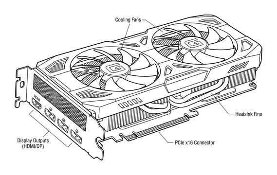 Graphics card technical line drawing with components and labels diagram
