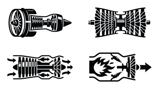 Jet engine internal components and diagram showing turbine mechanism and combustion process