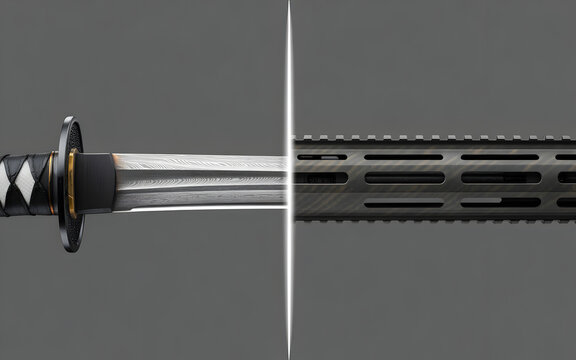 An impactful split-screen illustration juxtaposes the elegant, traditional hilt and sharp blade of a Japanese katana with the contemporary, tactical design of a modern assault rifle's barrel.