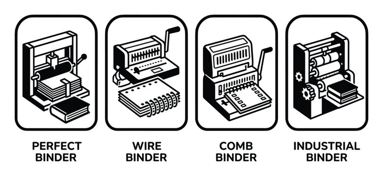 Set of various binding machines including perfect, wire, comb, and industrial binders for office or print shop